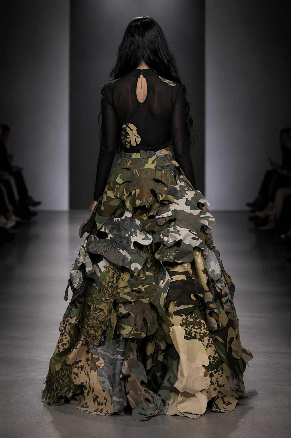 AVANT GARDE MULTICOLOR CAMO SKIRT + MESH BODYSUIT - ULTIMATE RED CARPET SHOWSTOPPER