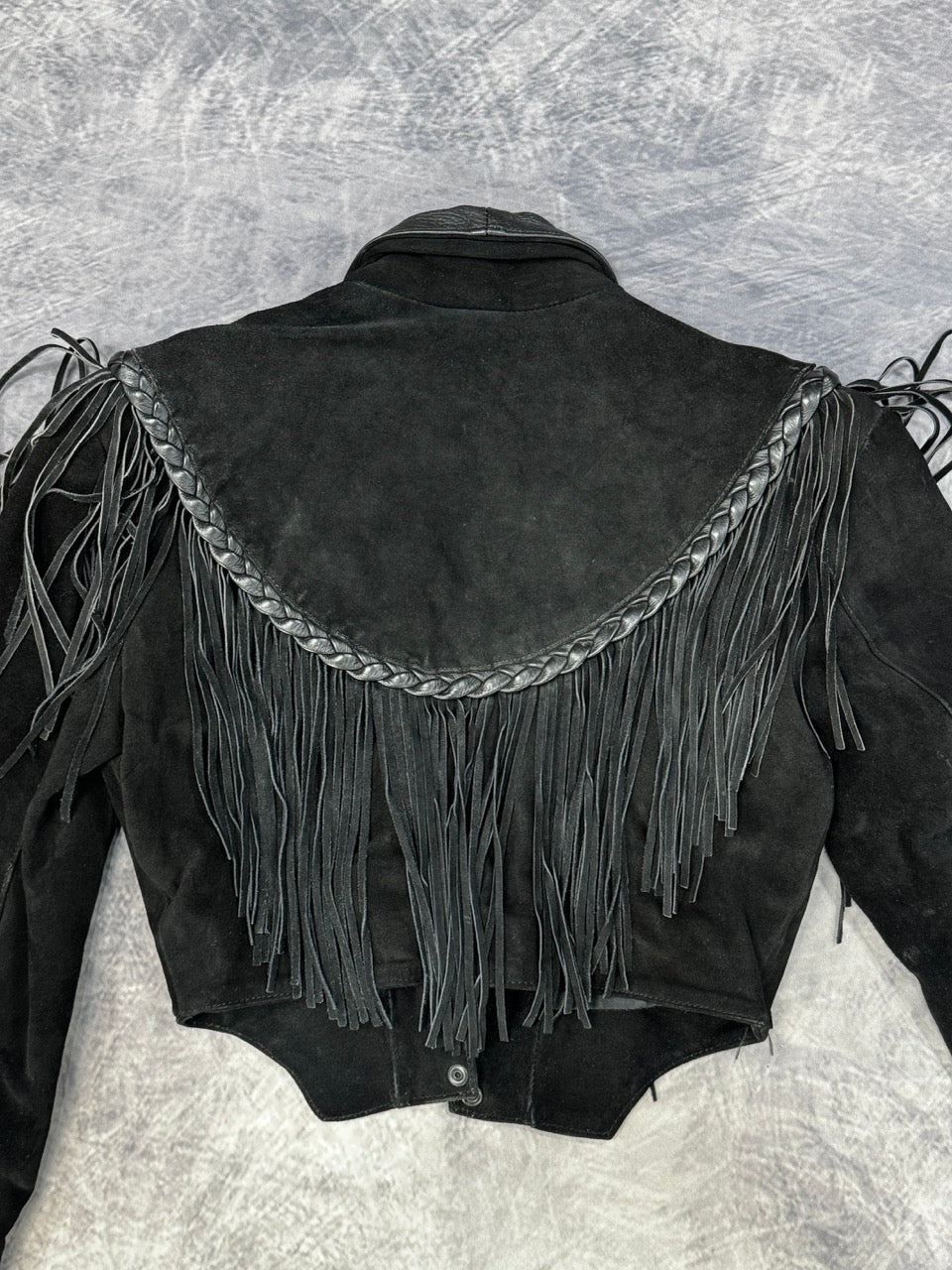 1980S BLACK SUEDE WESTERN FRINGE COWGIRL JACKET - M