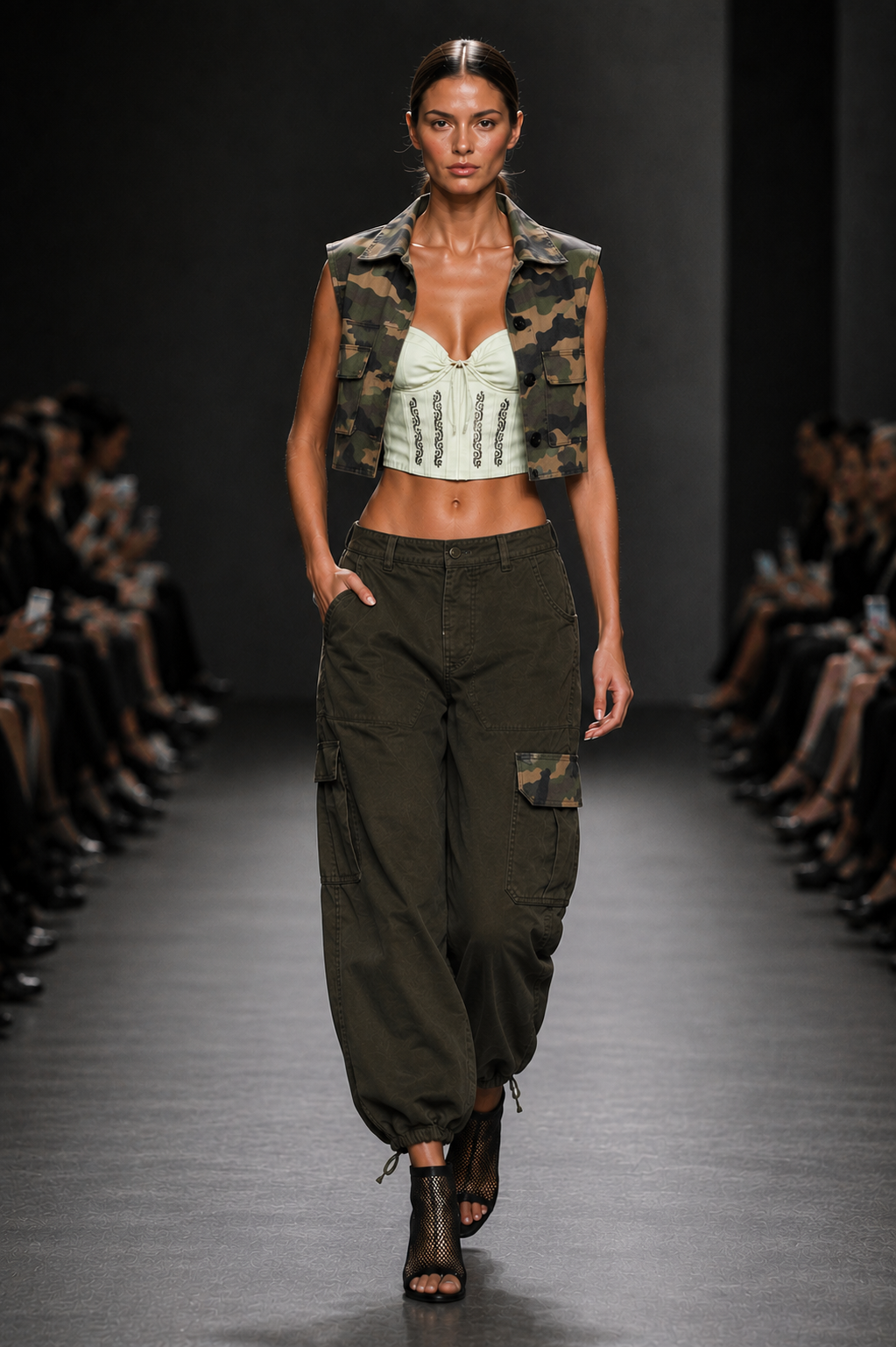 GREEN CAMO VEST + OLIVE GREEN PANTS + LIGHT GREEN TOP - SET - S