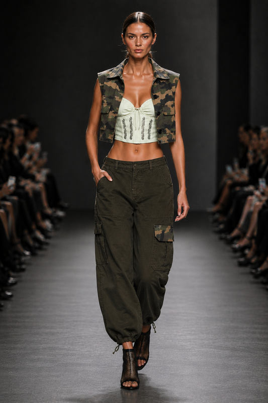GREEN CAMO VEST + OLIVE GREEN PANTS + LIGHT GREEN TOP - SET - S