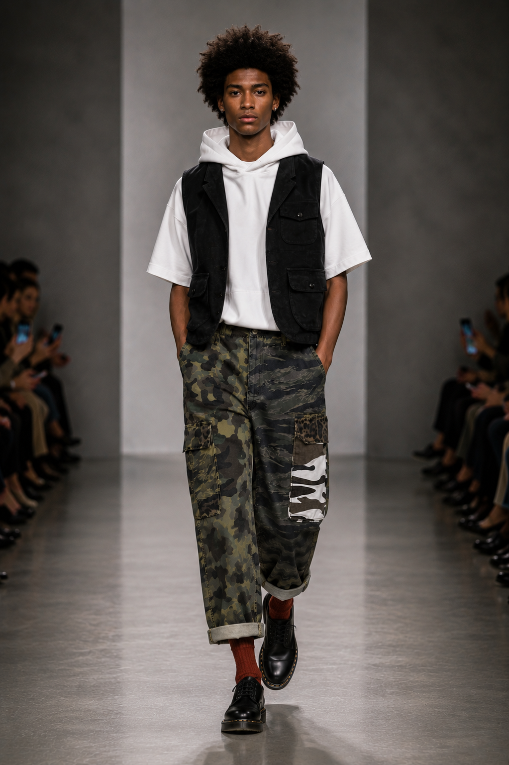 MULTIPATTERN CAMO ANIMAL PRINT PANTS + WHITE HOODIE SHIRT + GREEN SUEDE LEATHER VEST TOP - SET - M/L