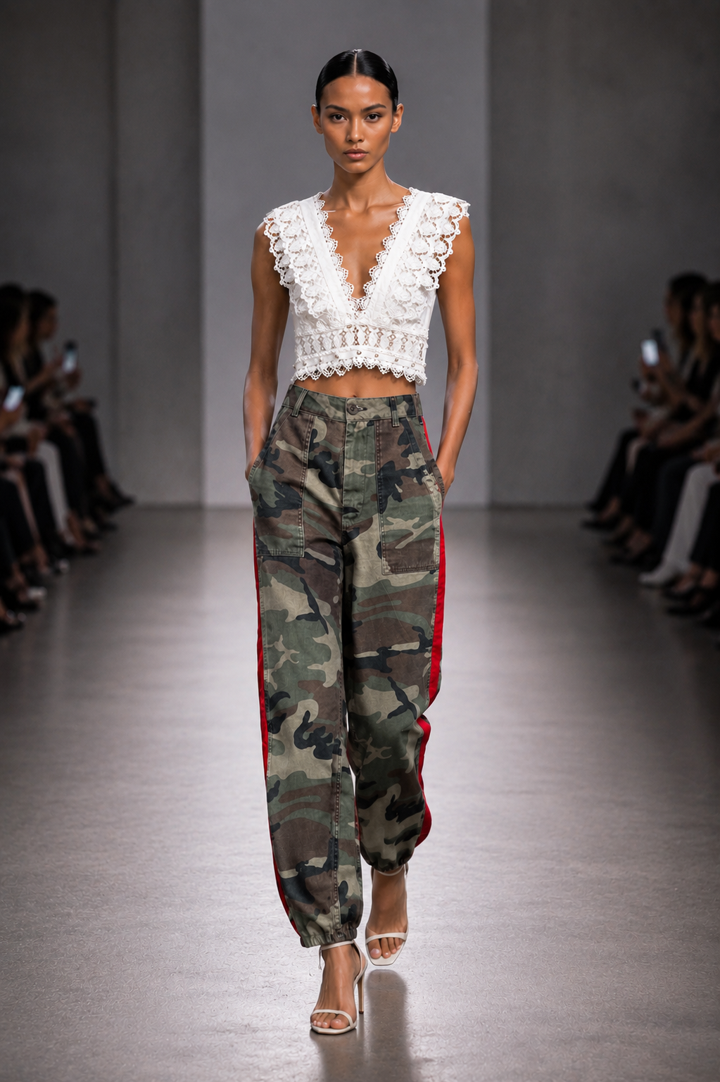 GREEN CAMO RED TRIM PANTS + WHITE CROP TOP REMOVABLE PEARLS - SET - S/M