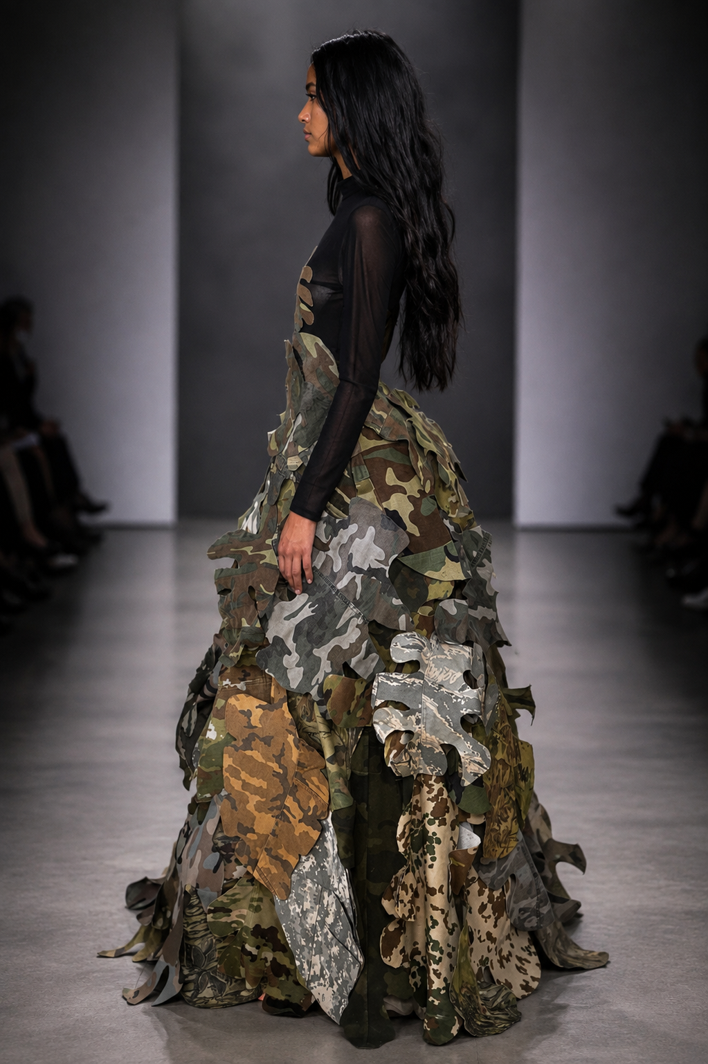 AVANT GARDE MULTICOLOR CAMO SKIRT + MESH BODYSUIT - ULTIMATE RED CARPET SHOWSTOPPER