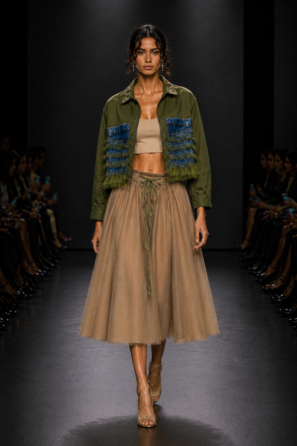 GREEN DENIM TULLE JACKET + BEIGE TULLE SKIRT - SET - M