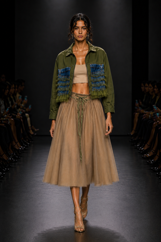 GREEN DENIM TULLE JACKET + BEIGE TULLE SKIRT - SET - M