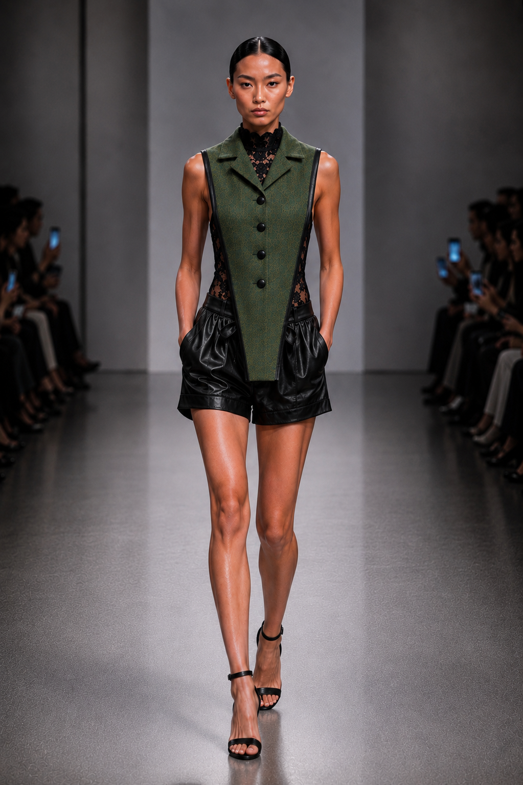 GREEN CUTOUT WOOL VEST + BLACK LACE TOP + BLACK SHORTS - SET - M