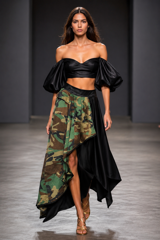BLACK / CAMO MAXI SKIRT + BLACK CROP TOP - SET - XS