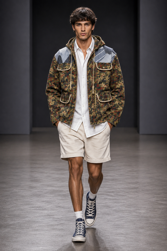 GREEN / RED CAMO DENIM PATCHES JACKET + WHITE SHIRT + CREAM SHORTS - SET - M