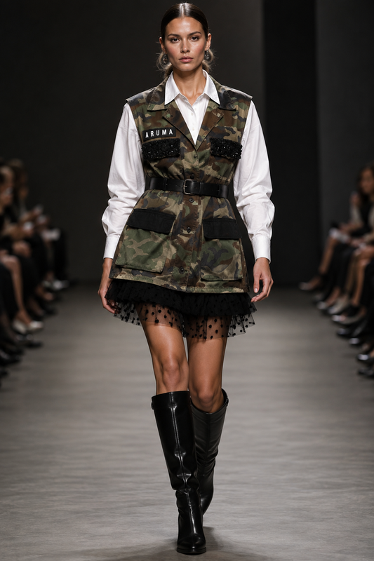 GREEN CAMO TULLE DRESS + WHITE SHIRT - SET - M