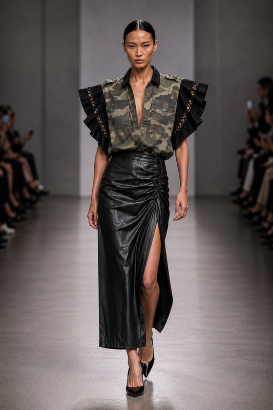 GREEN SHIRT BLACK BALLON SLEEVES + BLACK SKIRT - SET - S/M