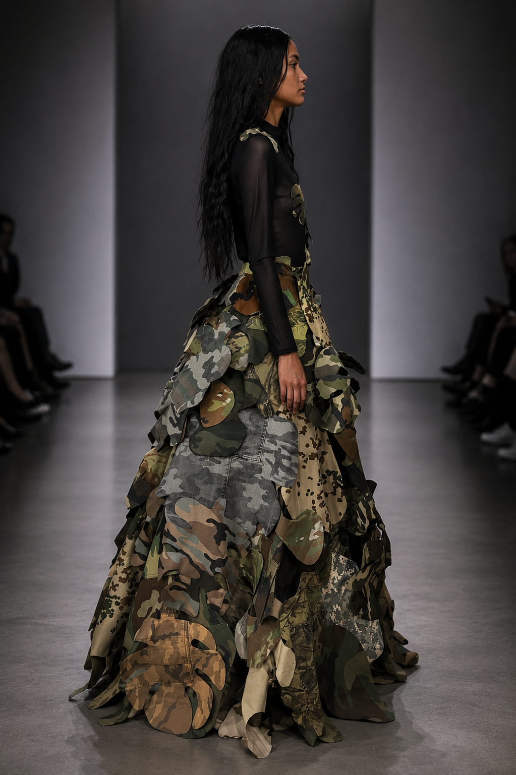 AVANT GARDE MULTICOLOR CAMO SKIRT + MESH BODYSUIT - ULTIMATE RED CARPET SHOWSTOPPER