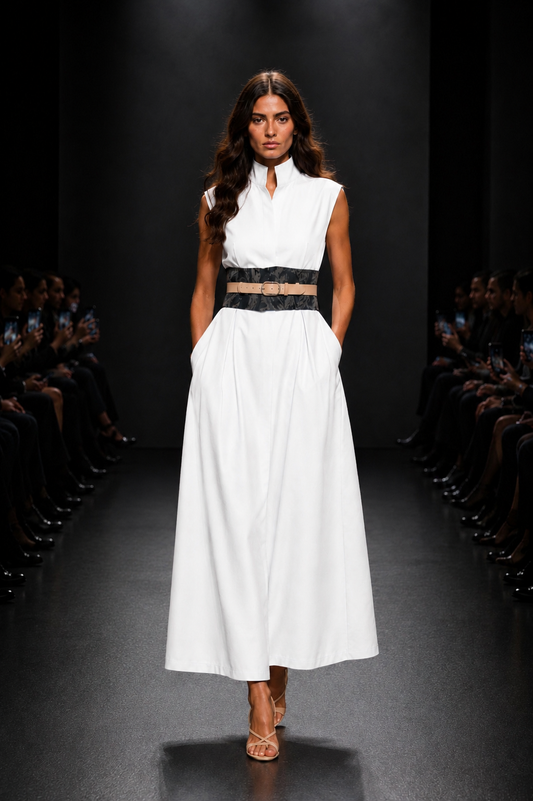 WHITE MAXI DRESS + GREY CAMO BELT + REMOVABLE BOW - SET - M
