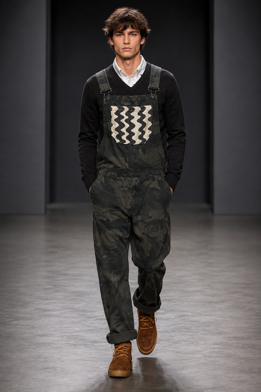 GREY CAMO OVERALLS  + LIGHT BLUE SHIRT + BROWN WOOL SWEATER - SET - M