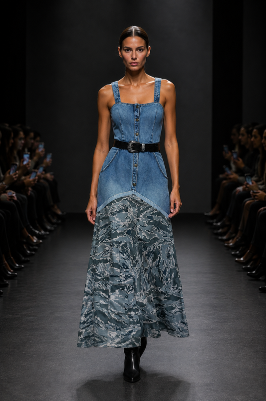 BLUE DENIM / GREY CAMO MAXI DRESS + BLACK BELT - SET - S/M