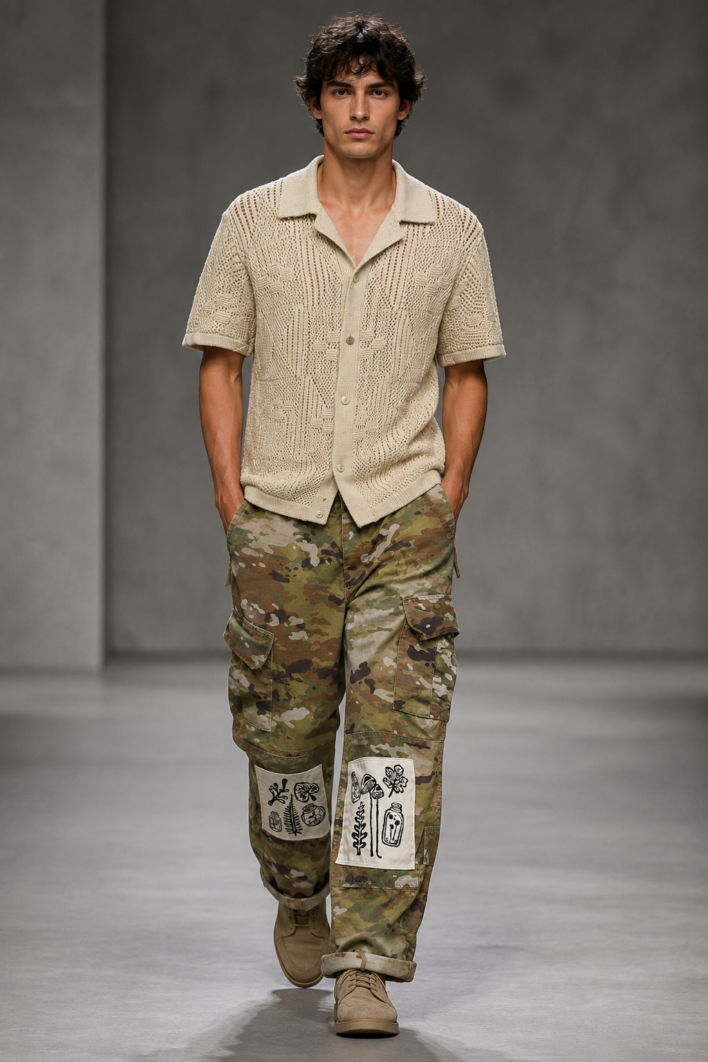 GREEN CAMO KNEE PATCH PANTS + CREAM KNIT SHIRT - SET - S/M