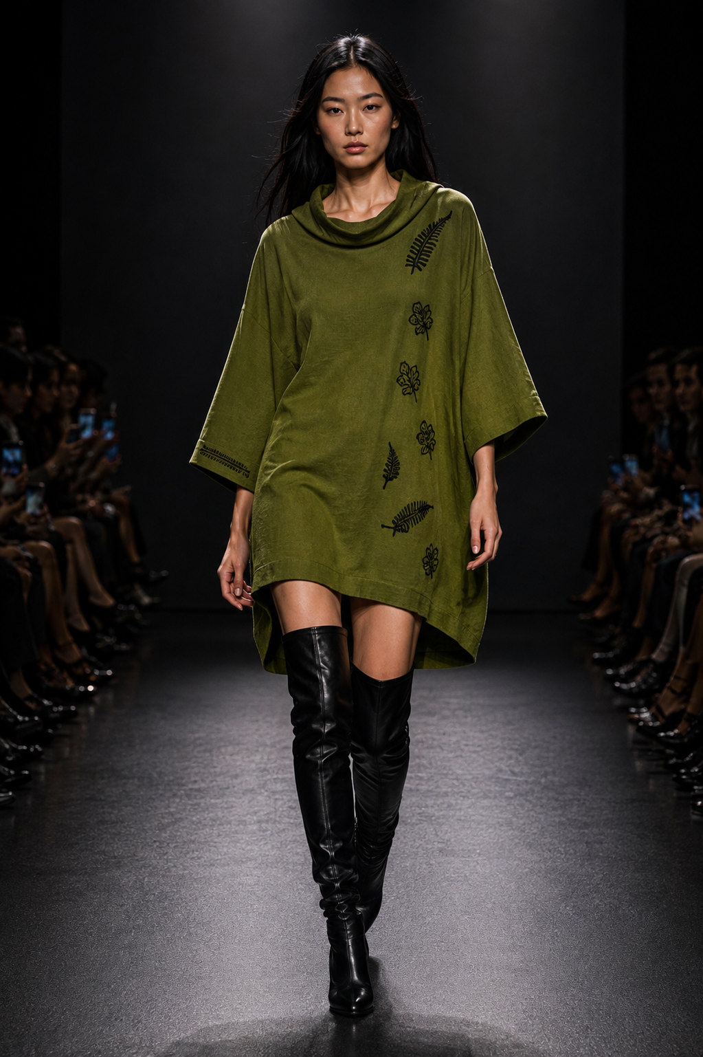 OLIVE GREEN LINEN OVERSIZE PRINT SHIRT DRESS - XL