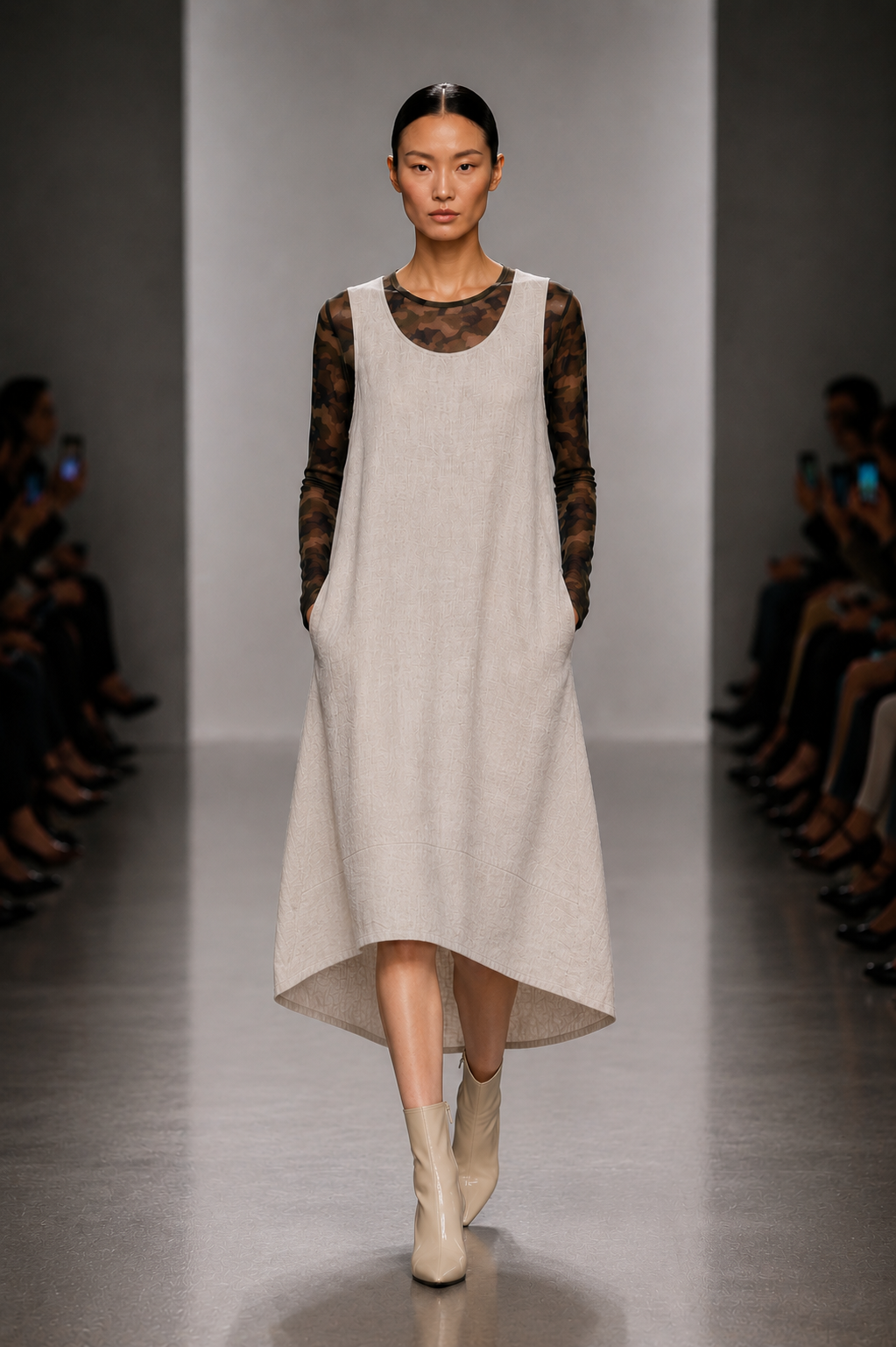 NATURAL TAN LINEN MAXI DRESS + GREEN MESH CAMO TOP - SET - L/M