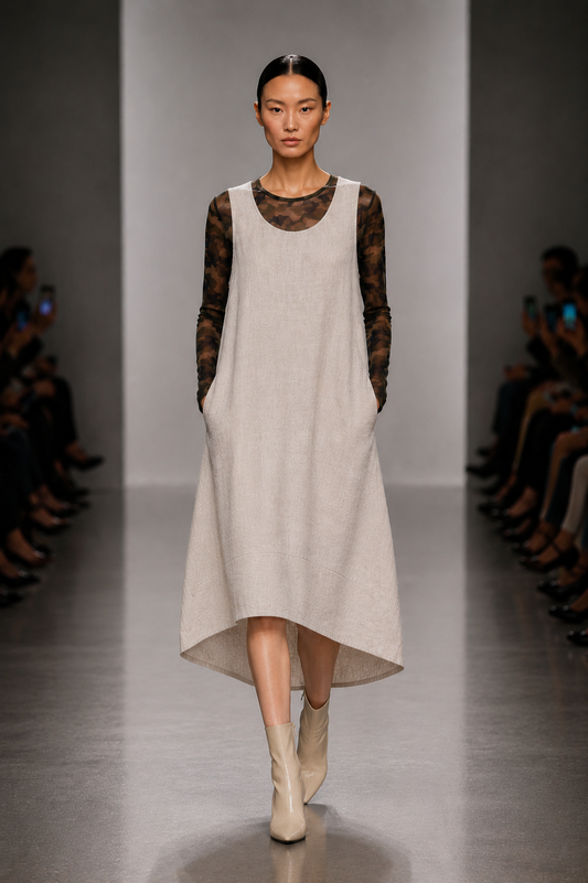 NATURAL TAN LINEN MAXI DRESS + GREEN MESH CAMO TOP - SET - L/M