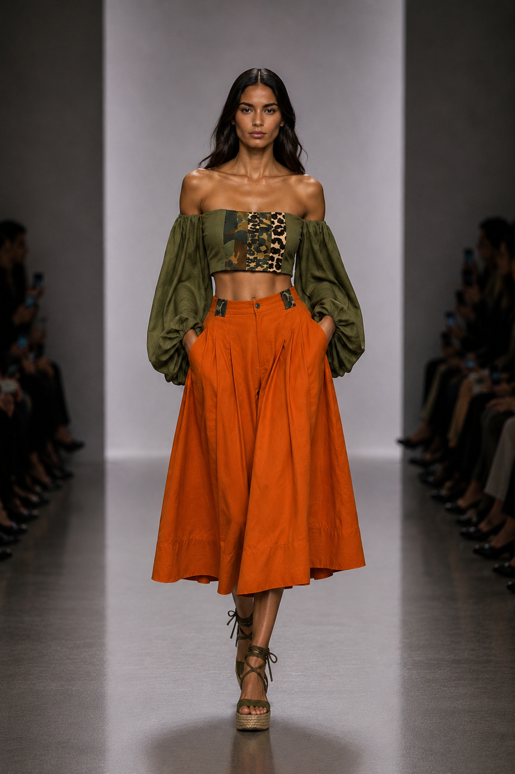 ORANGE WIDE LEG PANTS + OLIVE GREEN CROP TOP BALLON SLEEVE TOP - SET - XS/S