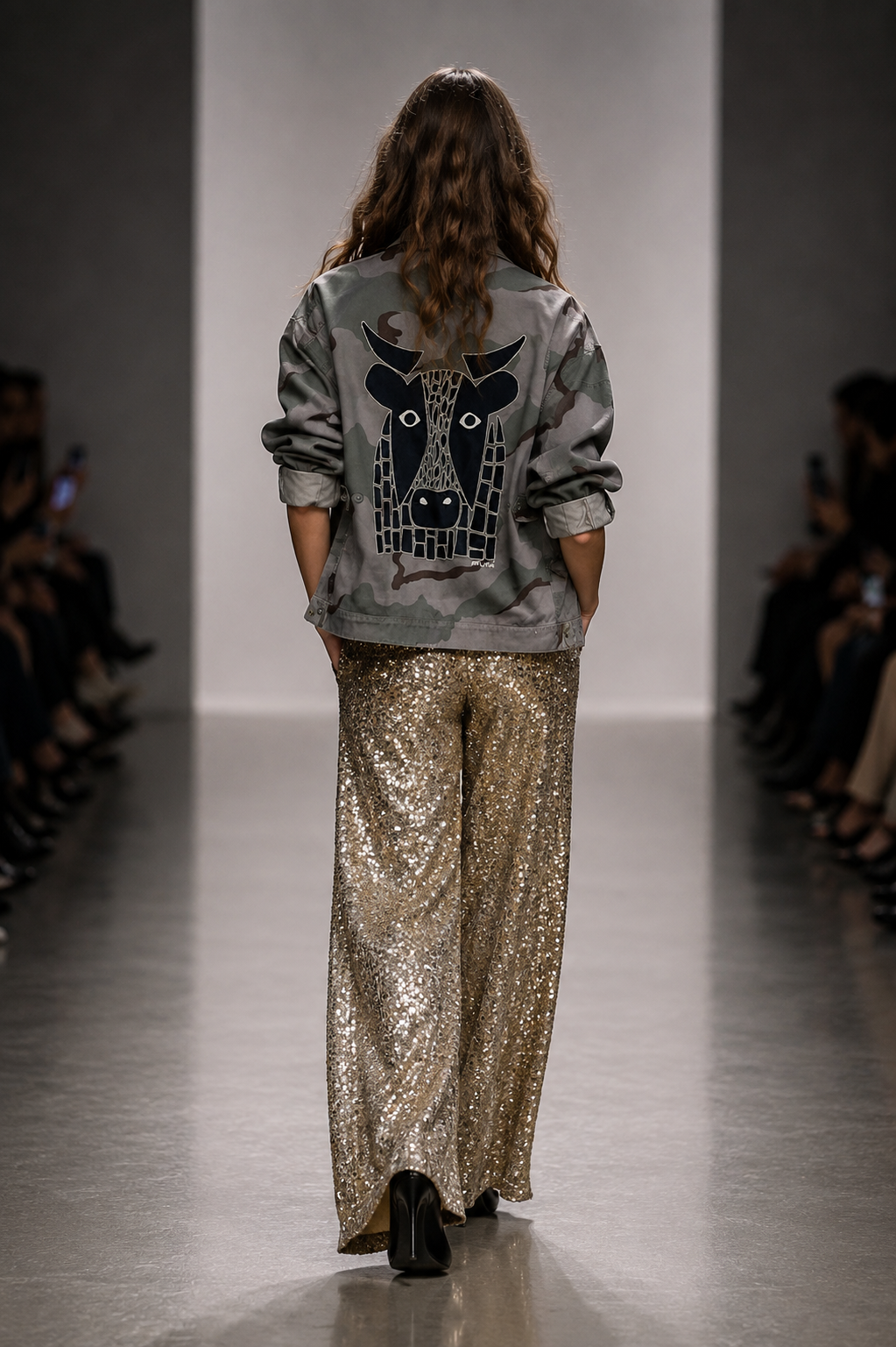 TAN CAMO COW PRINT JACKET + GOLD SEQUIN TROUSERS - SET - S