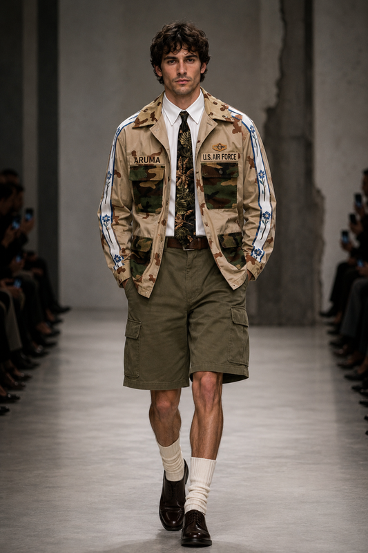 TAN CAMO JACKET + WHITE SHIRT + TIE + GREEN SHORTS - SET - M