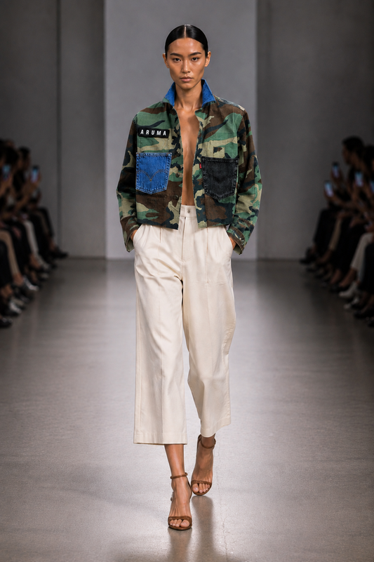 GREEN CAMO JACKET BLUE / BLACK DENIM POCKETS + BONE WHITE WIDE LEG TROUSERS - SET - S