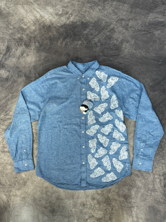 HALF FACE BLUE LINEN SHIRT - LONG SLEEVE - M