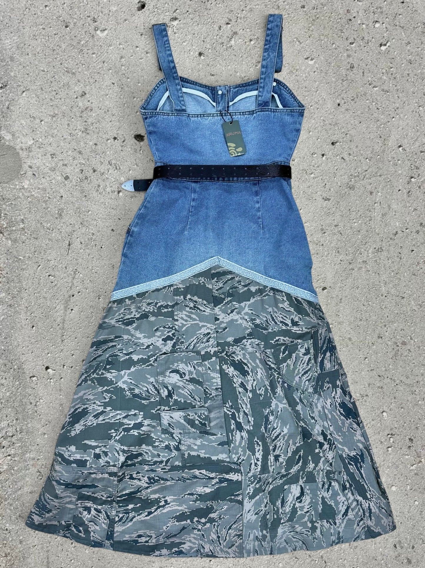 BLUE DENIM / GREY CAMO MAXI DRESS + BLACK BELT - SET - S/M