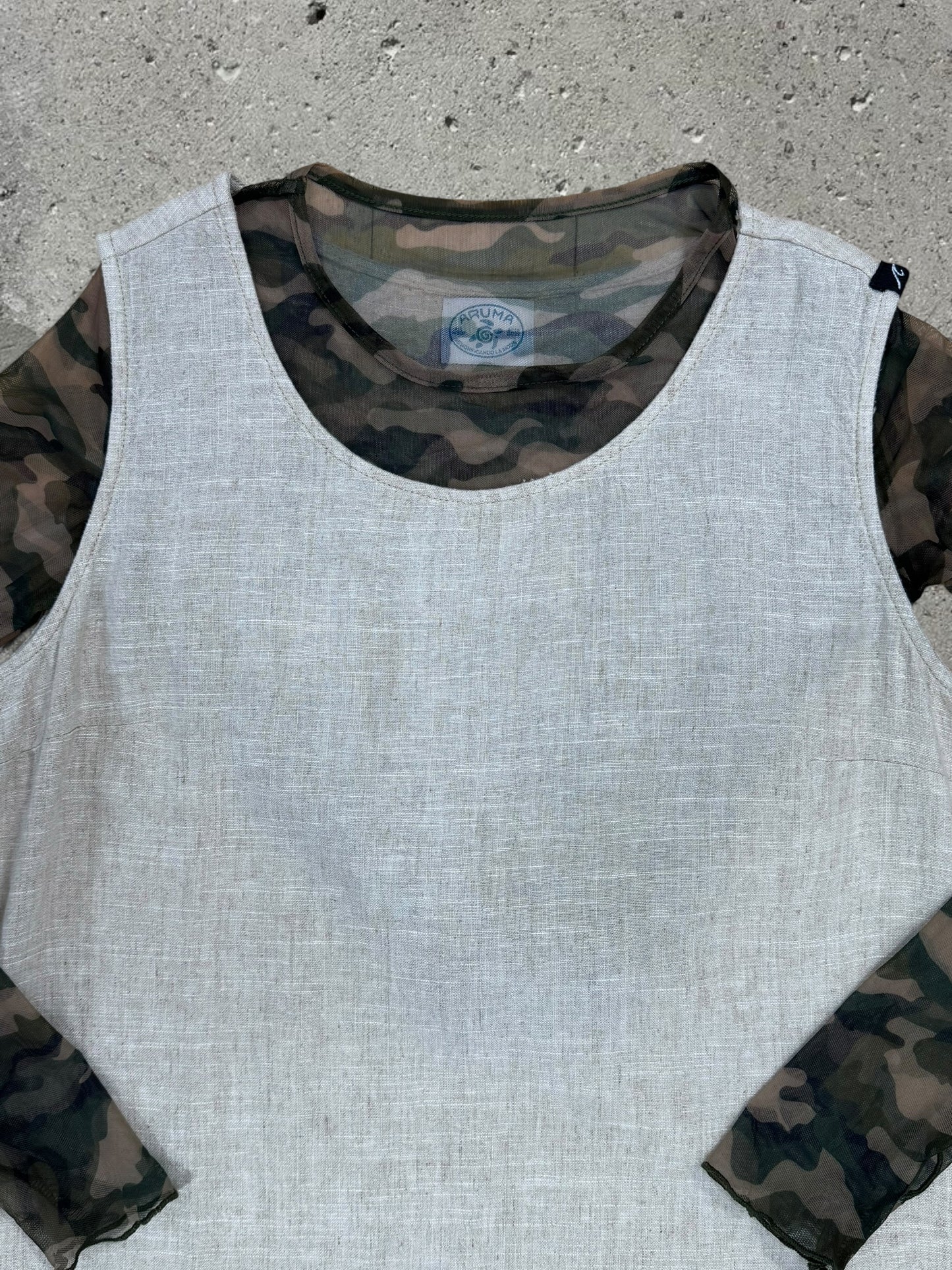 NATURAL TAN LINEN MAXI DRESS + GREEN MESH CAMO TOP - SET - L/M