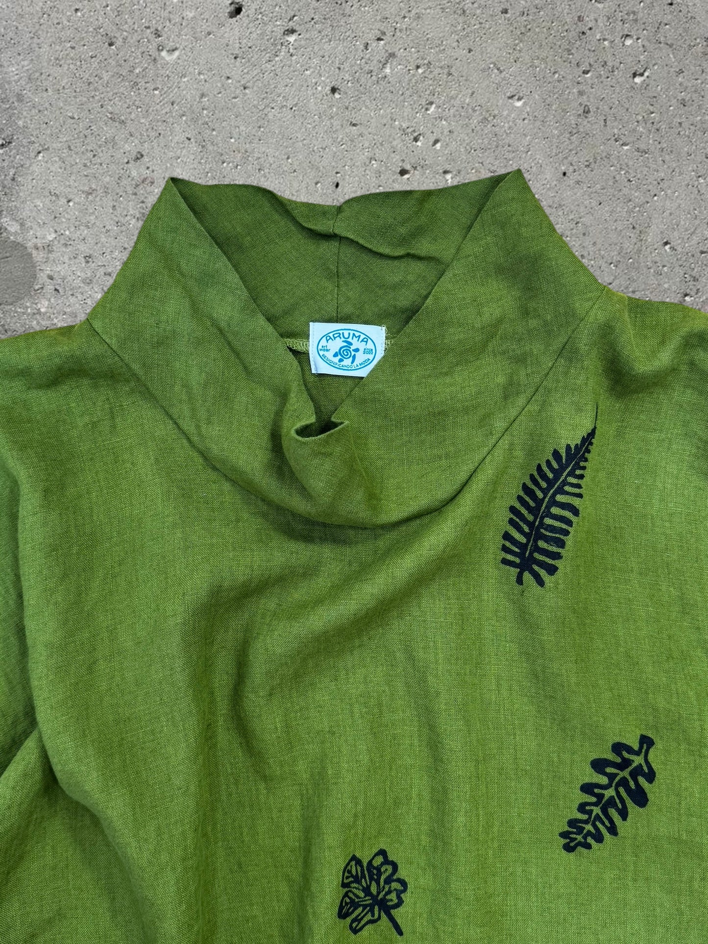 OLIVE GREEN LINEN OVERSIZE PRINT SHIRT DRESS - XL