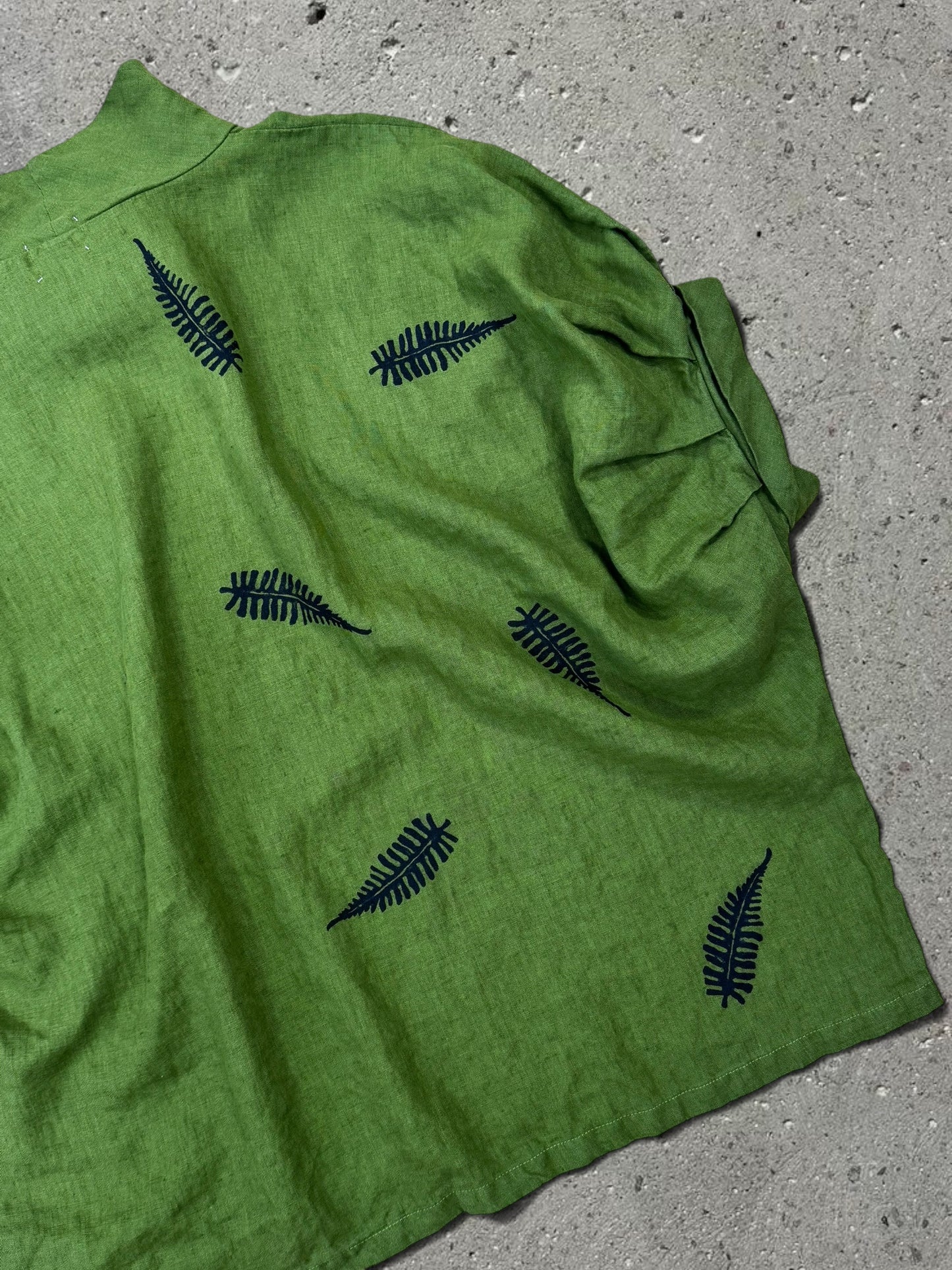 OLIVE GREEN LINEN OVERSIZE PRINT SHIRT DRESS - XL