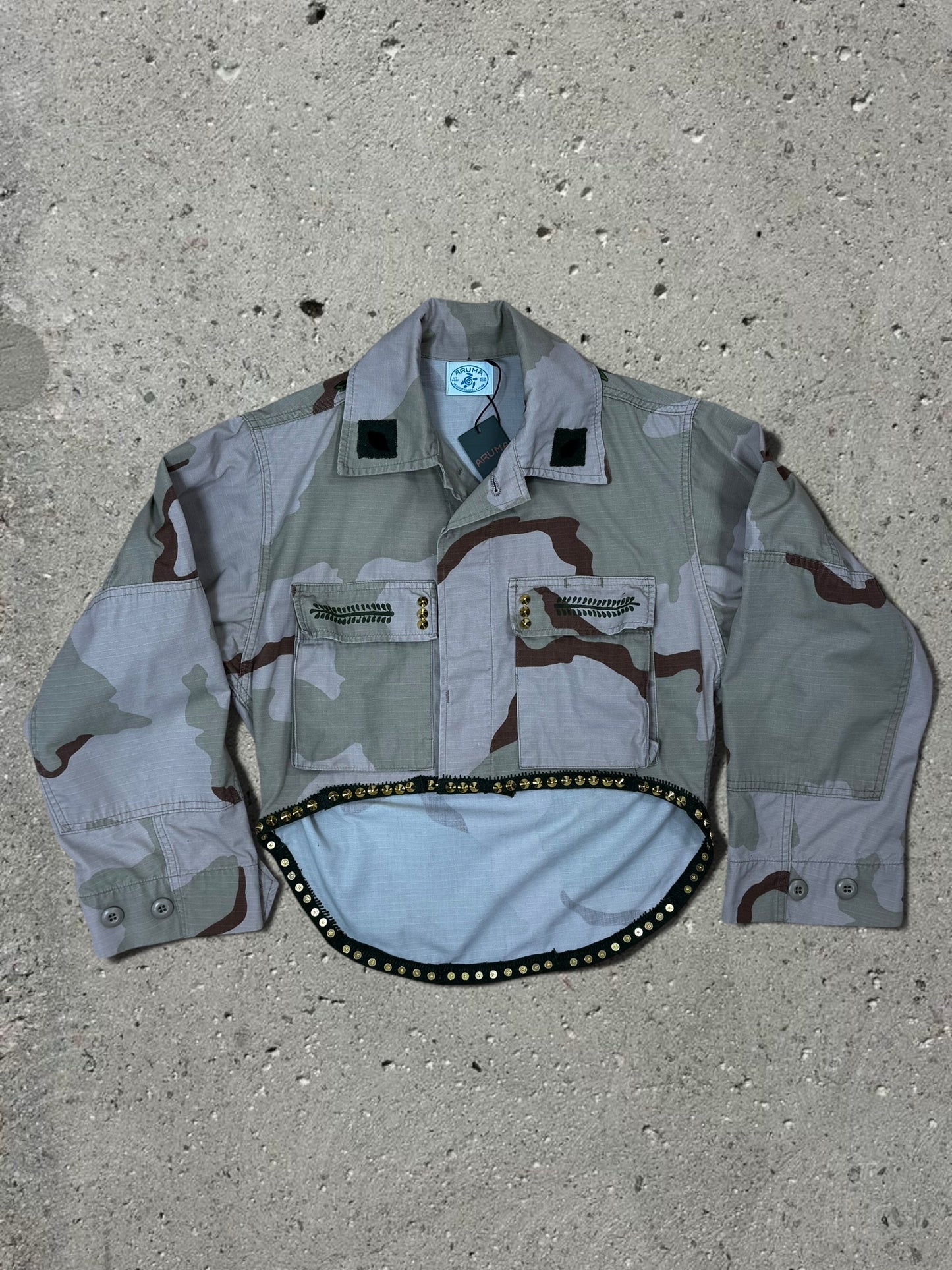 BROWN CAMO CROP TOP JACKET + CREAM WIDE LEG TROUSERS LINEN - SET - M