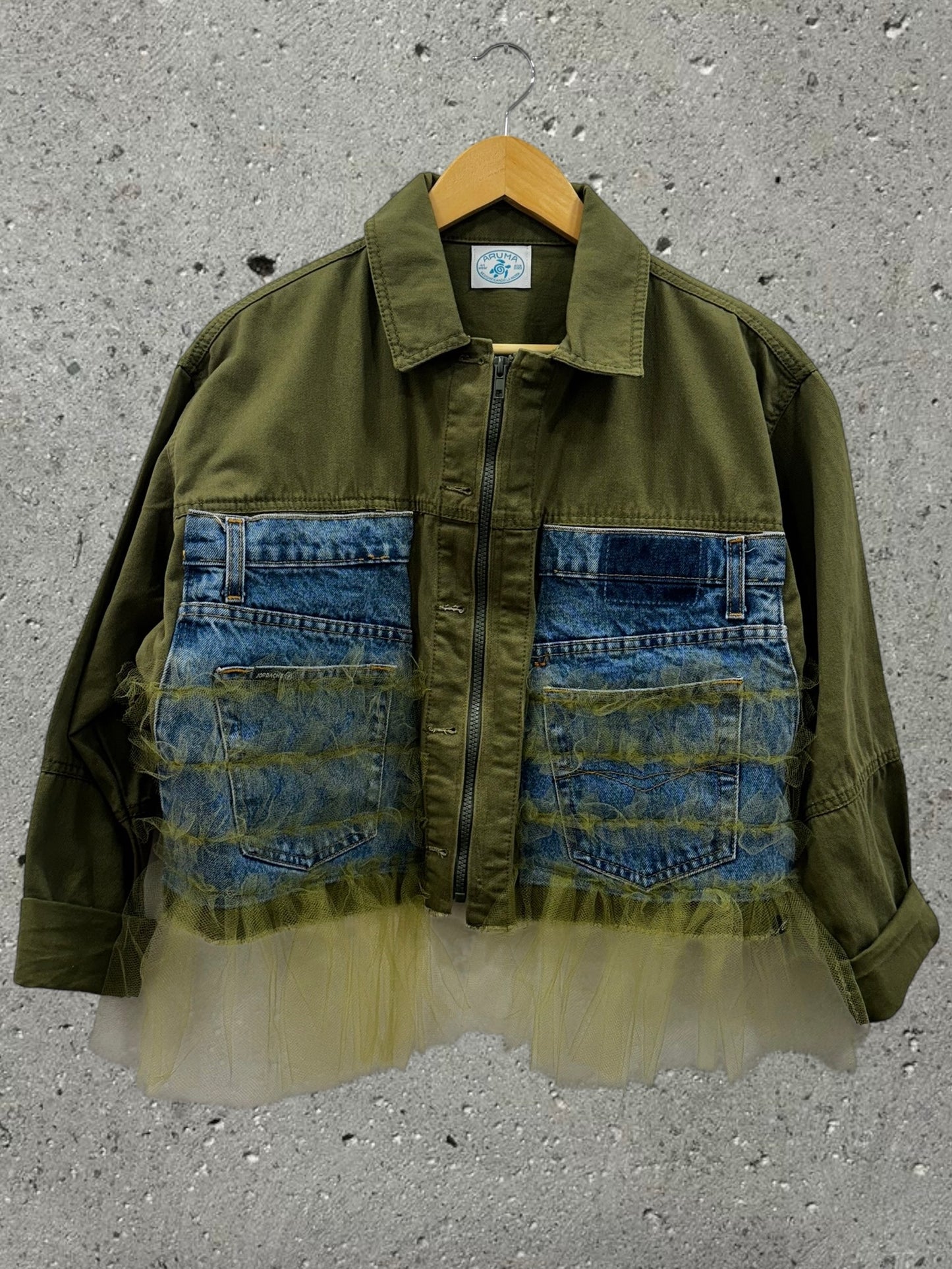 GREEN DENIM TULLE JACKET + BEIGE TULLE SKIRT - SET - M