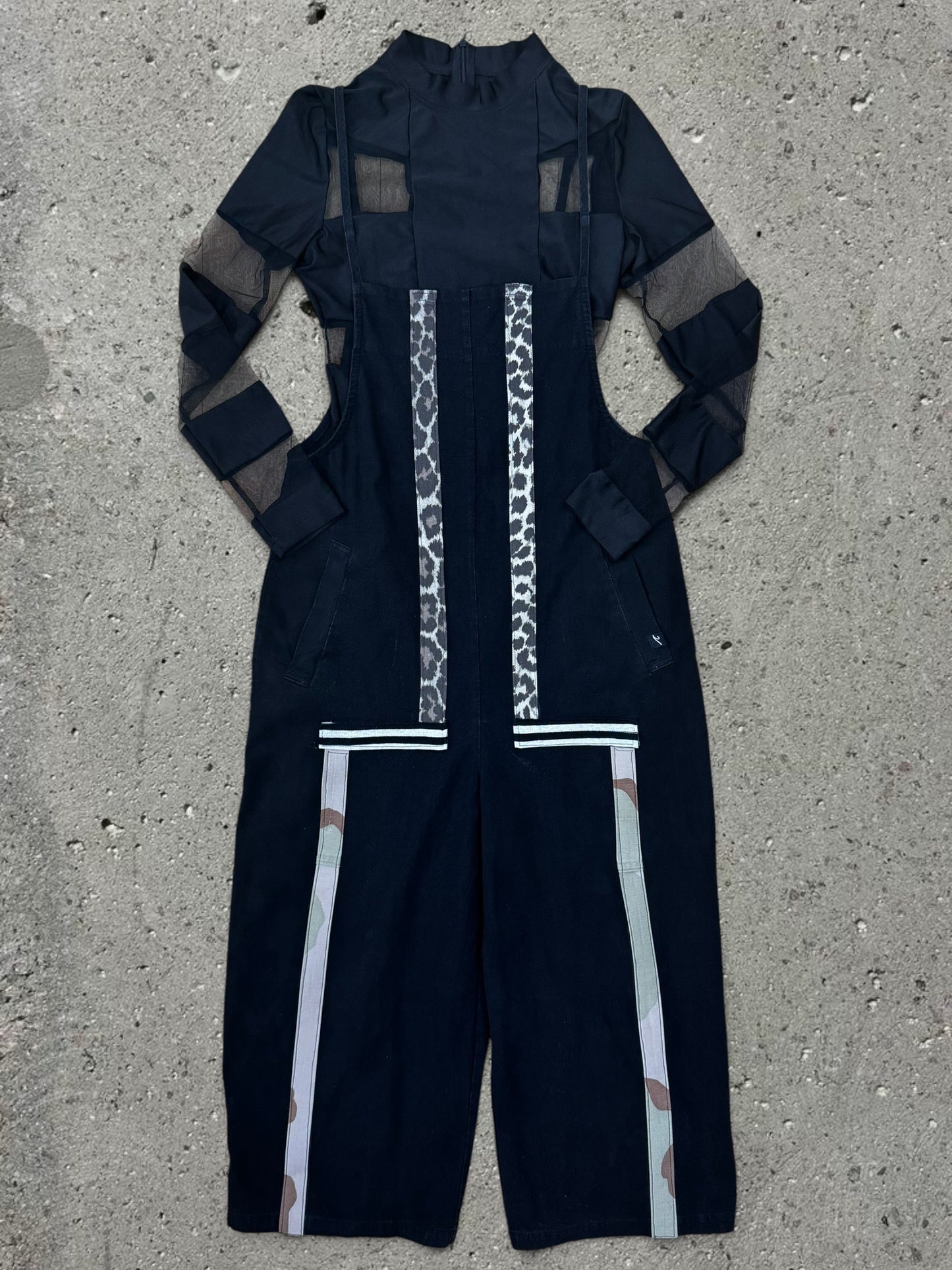 BLACK OVERALLS + BLACK MESH BODYSUIT - SET - S