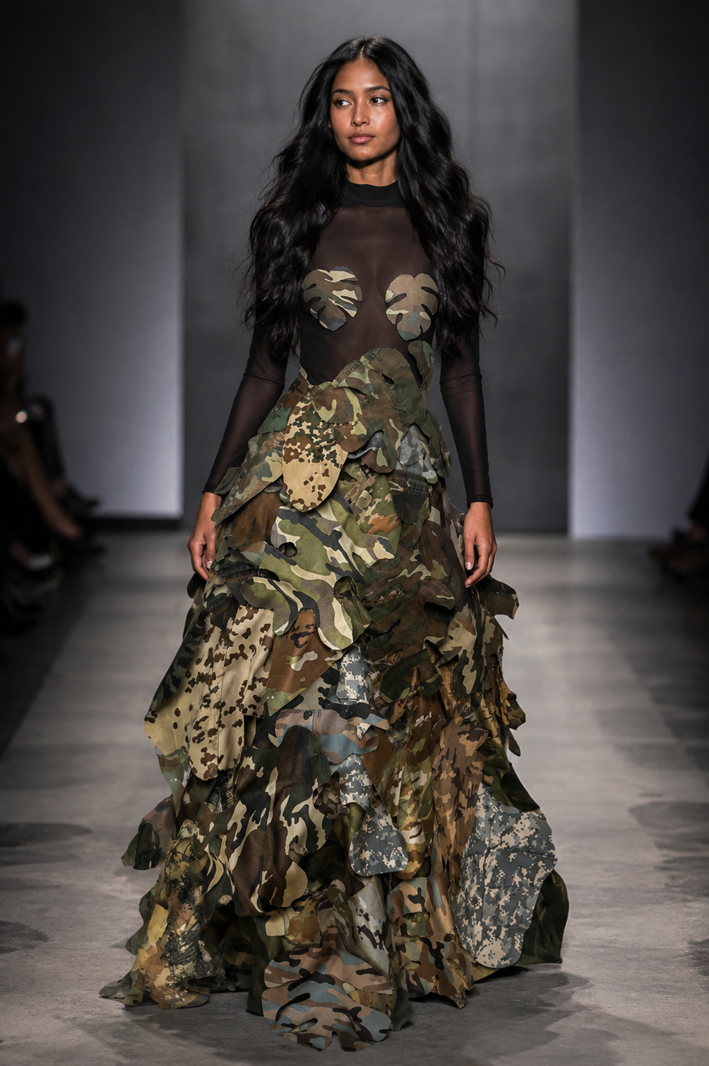 AVANT GARDE MULTICOLOR CAMO SKIRT + MESH BODYSUIT - ULTIMATE RED CARPET SHOWSTOPPER