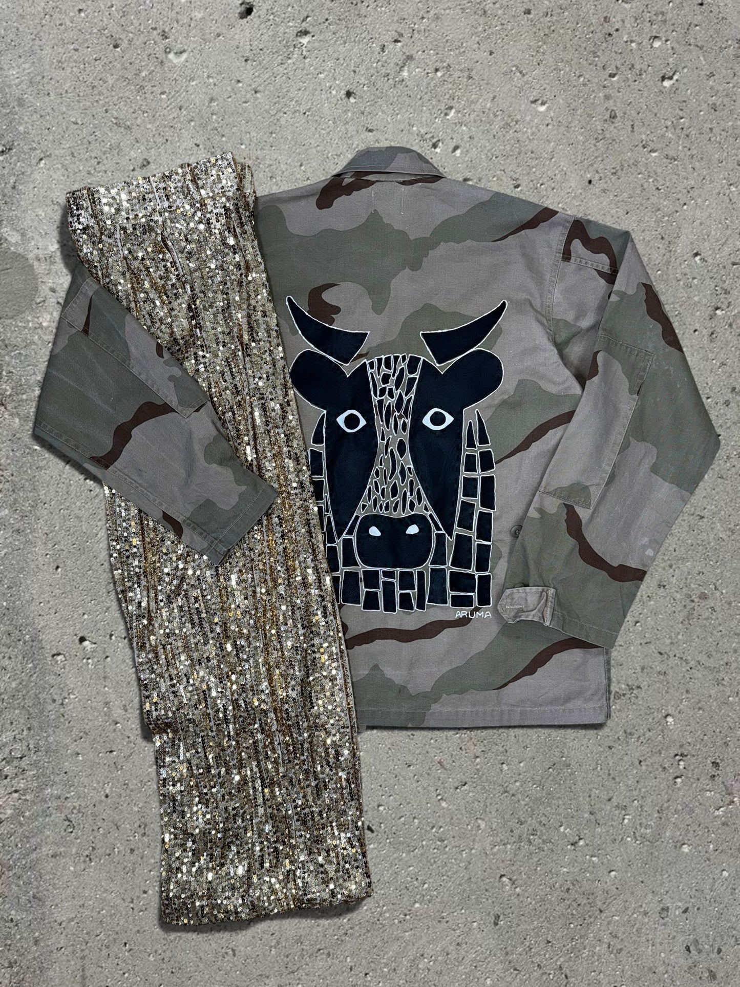 TAN CAMO COW PRINT JACKET + GOLD SEQUIN TROUSERS - SET - S