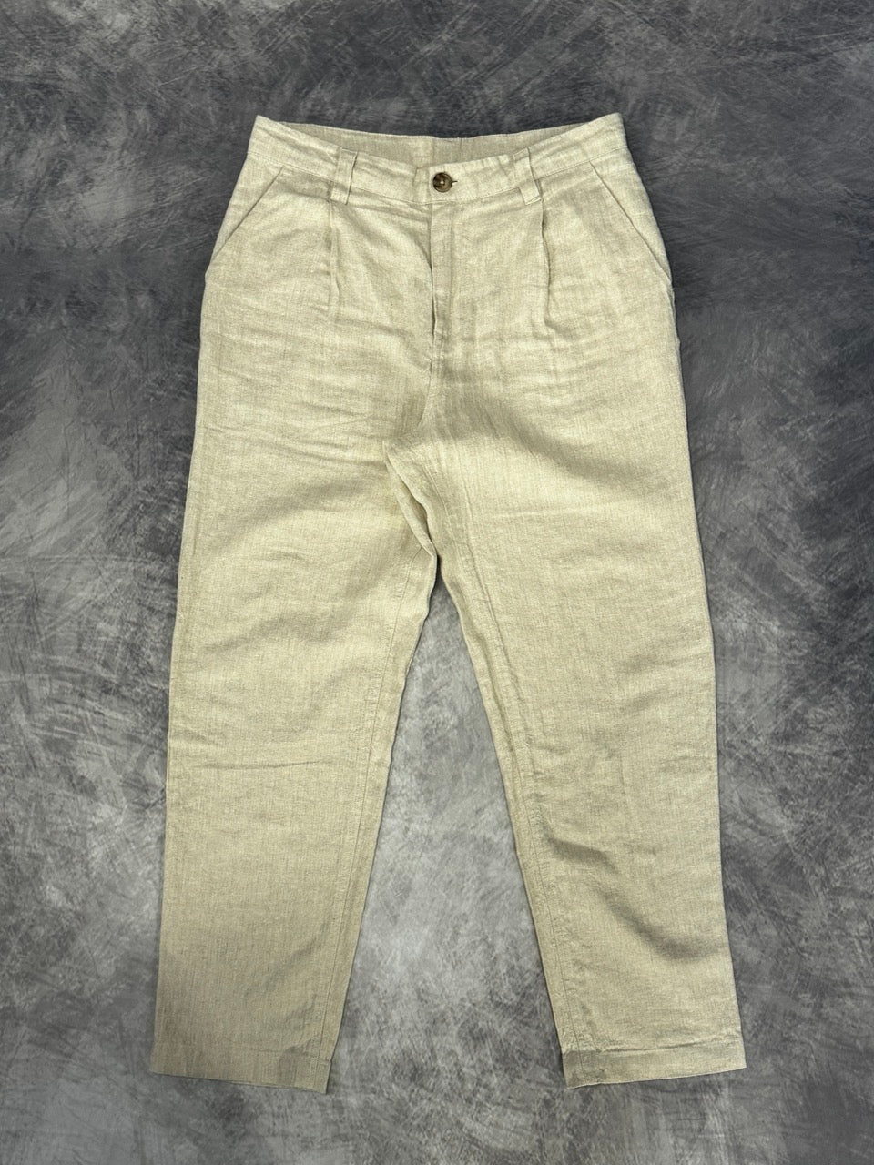 BEIGE LINEN TROUSERS - ONE LEG PATTERN - M