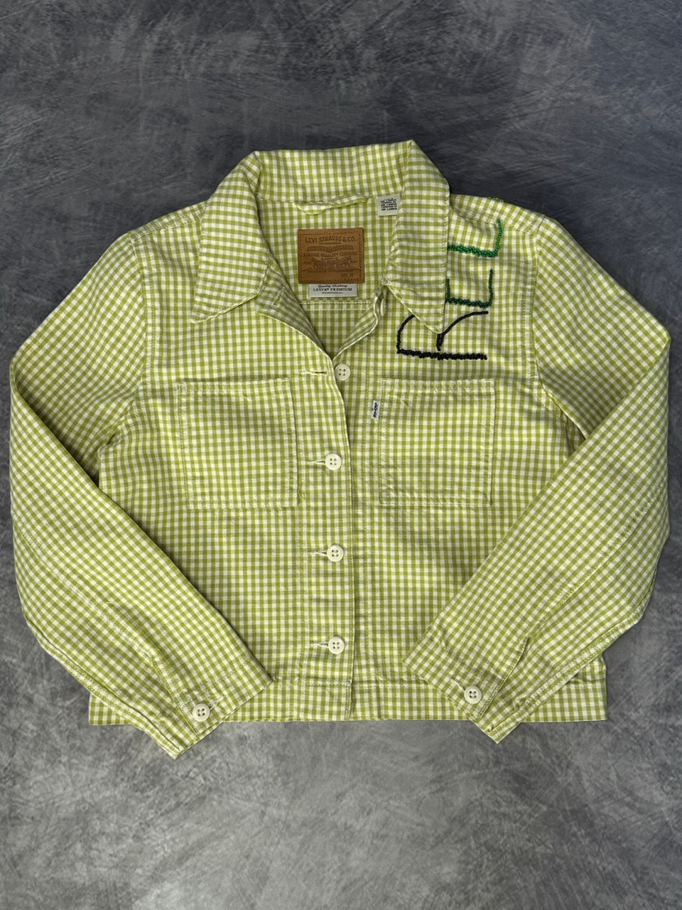 RELAX GREEN JACKET - BEAD EMBROIDERED LETTERS -M