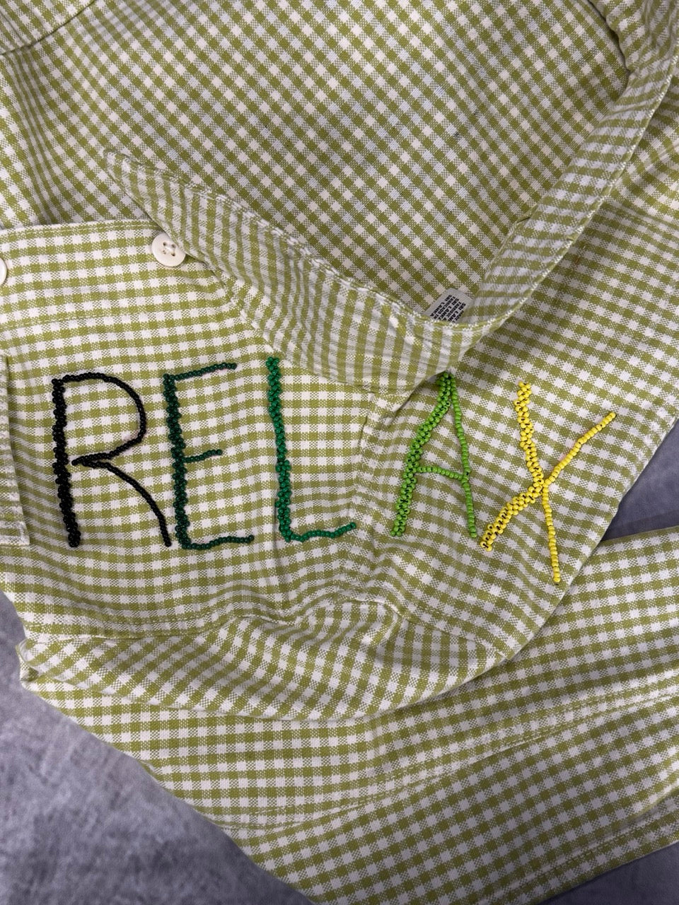 RELAX GREEN JACKET - BEAD EMBROIDERED LETTERS -M