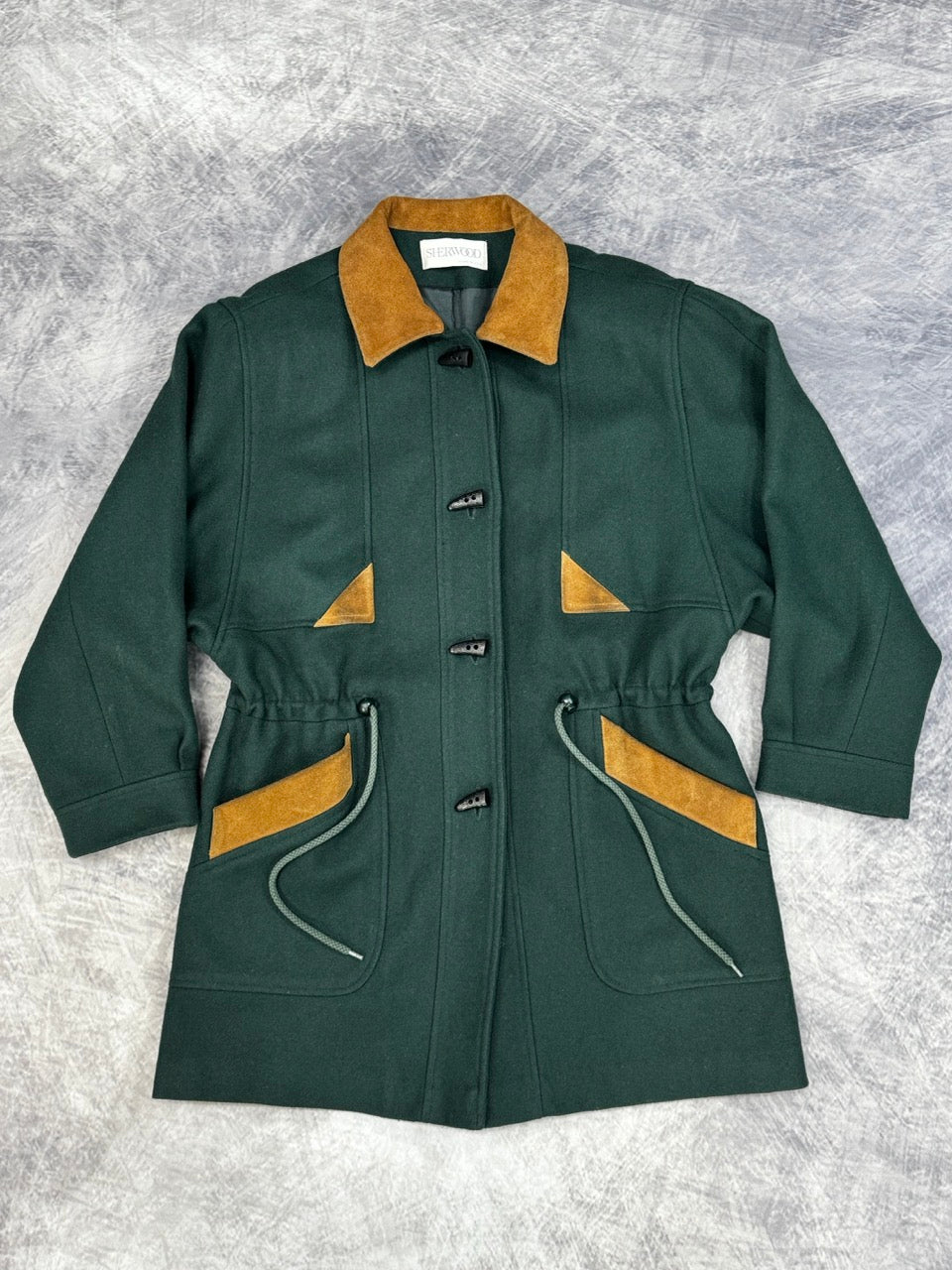 1980S FOREST GREEN WOOL COAT WITH SUEDE DETAILS - 10
