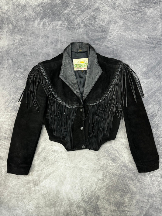 1980S BLACK SUEDE WESTERN FRINGE COWGIRL JACKET - M
