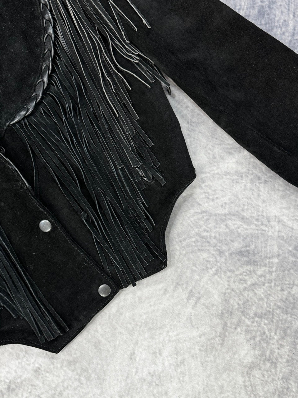 1980S BLACK SUEDE WESTERN FRINGE COWGIRL JACKET - M