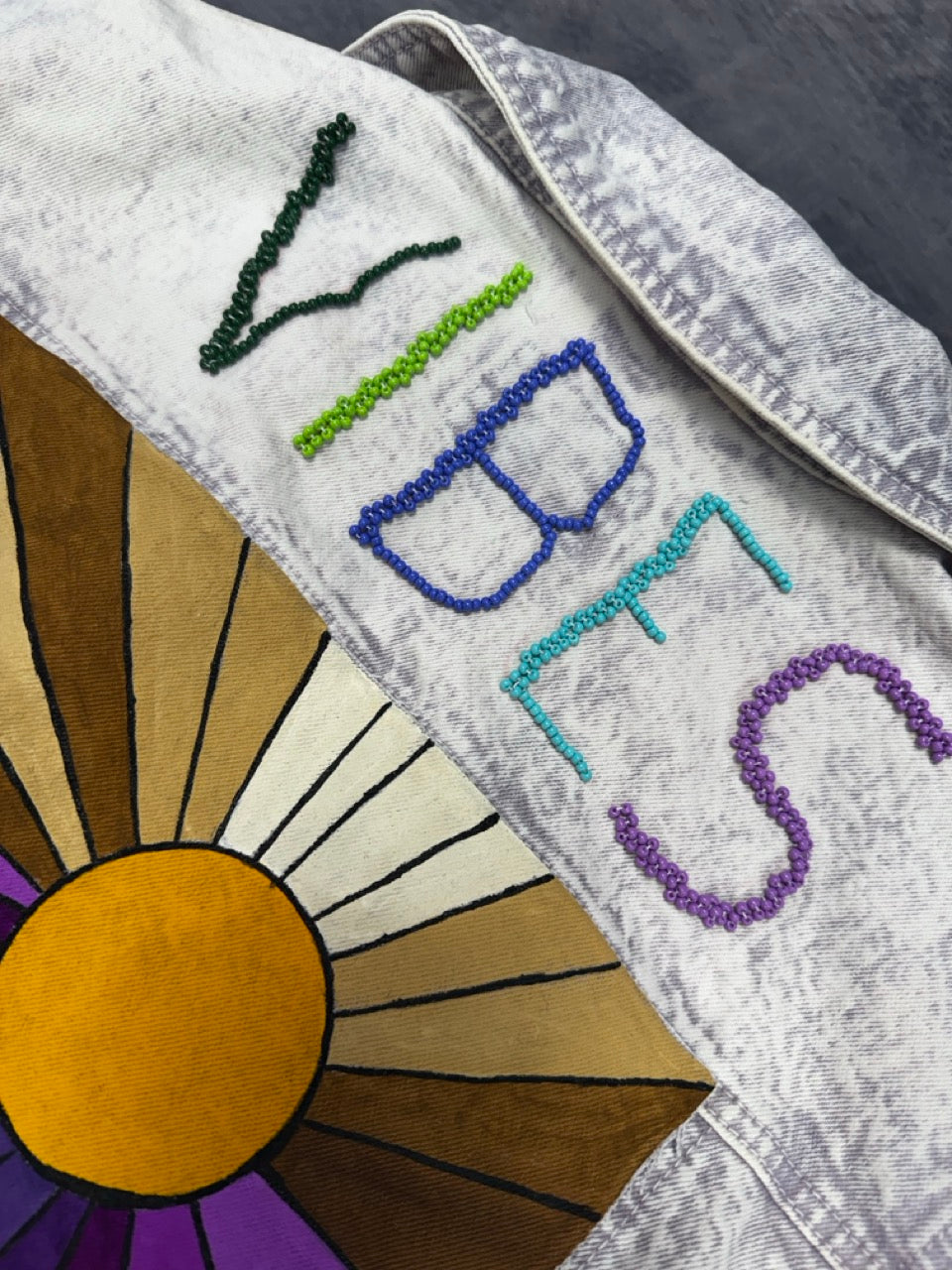 VIBES VIOLET JACKET - REMOVABLE ART- BEAD EMBROIDERED LETTERS - M